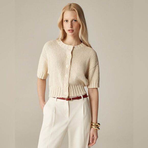 NWT J CREW Marina crewneck cardigan in textured cotton blend in Warm Sesame - Picture 3 of 7